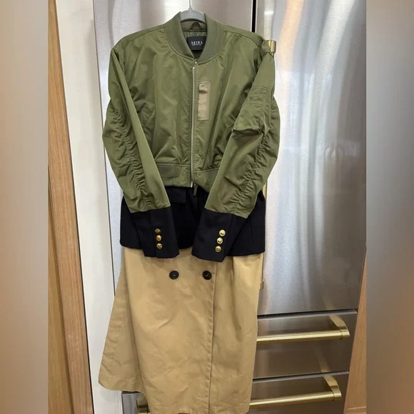 AKIRA Green and Black Bomber Jacket with Tan trench style coat at the bottom - Picture 5 of 5